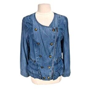 Nie Zoe Women Full Zip Button Up Top Size L Blue Chambray Long SL Crew Neck A11A